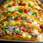 Oven Baked Cheesy Tacos filled with seasoned beef, melted cheese, guacamole, diced tomatoes, red onions, and fresh cilantro in a baking tray.
