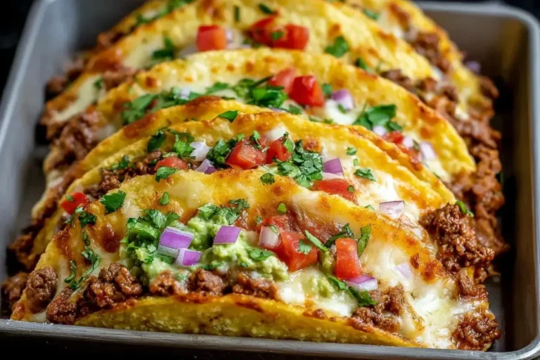 Oven Baked Cheesy Tacos filled with seasoned beef, melted cheese, guacamole, diced tomatoes, red onions, and fresh cilantro in a baking tray.