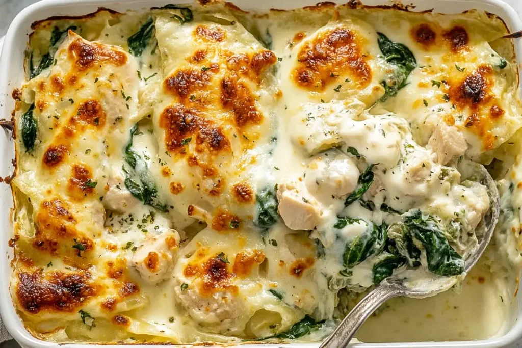 Freshly baked Chicken and Spinach Casserole with Cream Cheese in a white dish, topped with golden-brown melted cheese and creamy spinach sauce being scooped with a spoon.