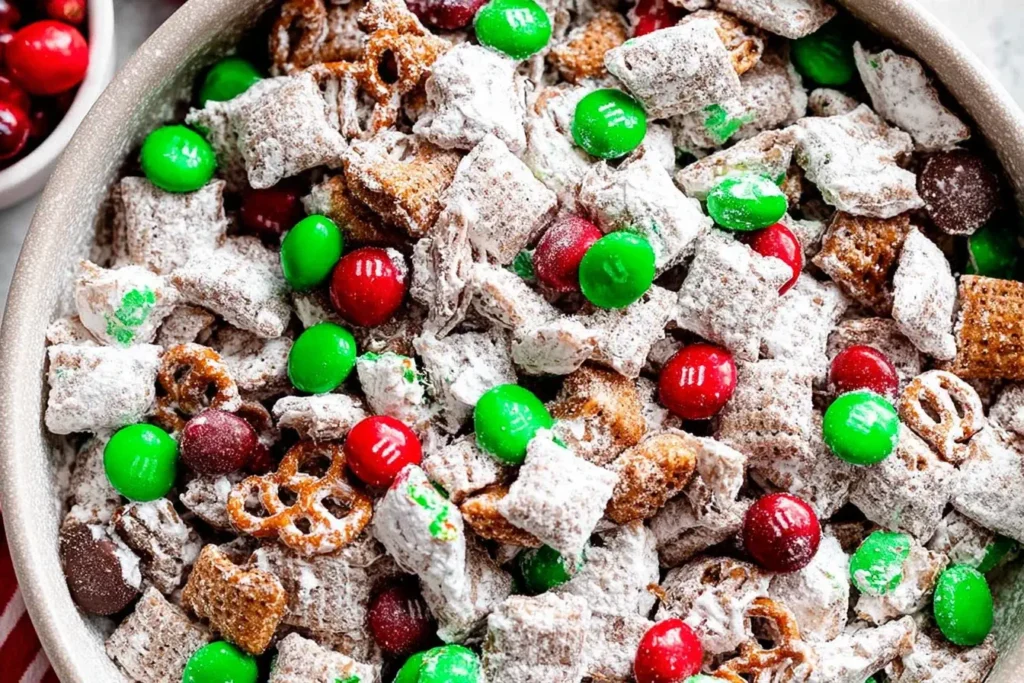 Close-up of Reindeer Food snack mix with powdered sugar–coated Chex, pretzels, and red-green candies in a festive bowl.