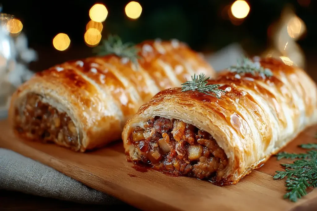 Flaky, golden Christmas Sausage Rolls filled with savory sausage, herbs, and caramelized onions, served on a wooden board with festive holiday décor.