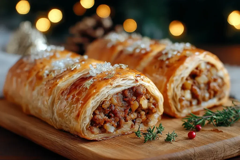 Golden and flaky Christmas Sausage Rolls filled with savory sausage and herbs, baked to perfection and served on a wooden board with festive décor.