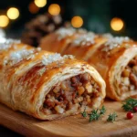 Golden and flaky Christmas Sausage Rolls filled with savory sausage and herbs, baked to perfection and served on a wooden board with festive décor.