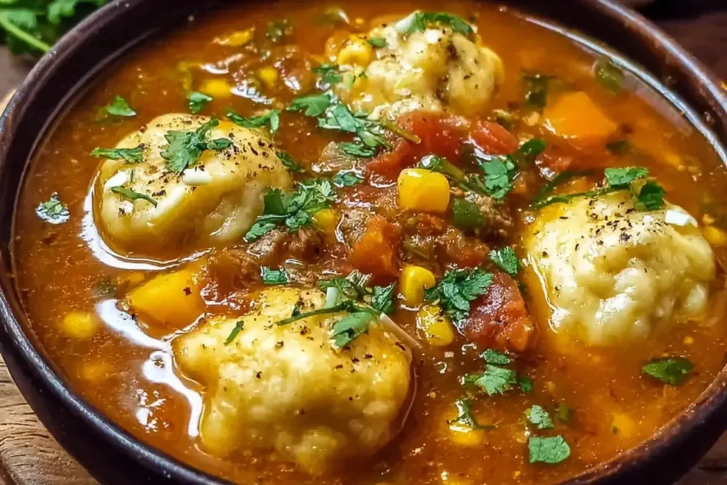 A close-up view of Tamale Soup with Tamale Dumplings featuring tender masa dumplings, corn, tomatoes, and fresh cilantro in a rich, savory broth.