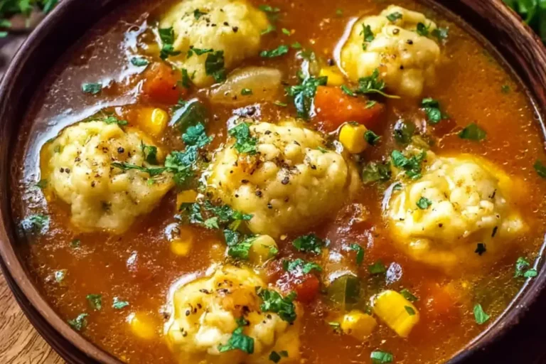 A hearty bowl of Tamale Soup with Tamale Dumplings featuring tender masa dumplings, vegetables, and fresh herbs in a rich, flavorful broth.