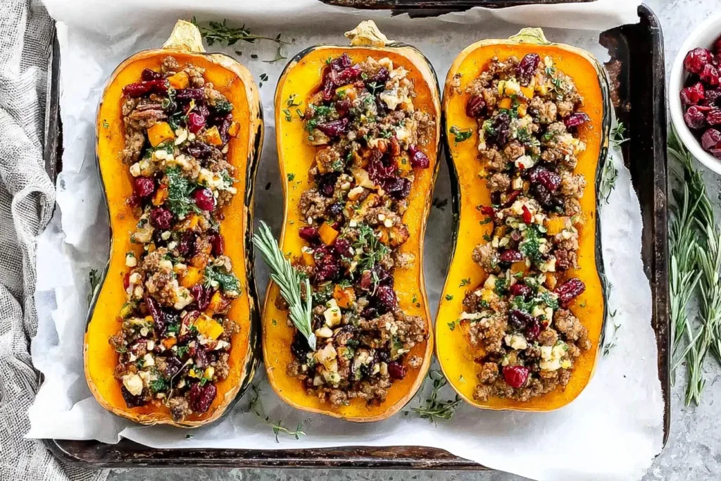 Apple Sausage Stuffed Butternut Squash filled with sausage, apples, cranberries, pecans, and herbs, baked until golden and served on a tray