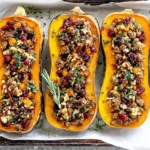 Apple Sausage Stuffed Butternut Squash filled with sausage, apples, cranberries, pecans, and herbs, baked until golden and served on a tray