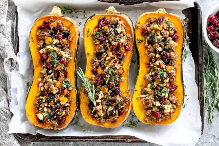 Apple Sausage Stuffed Butternut Squash filled with sausage, apples, cranberries, pecans, and herbs, baked until golden and served on a tray