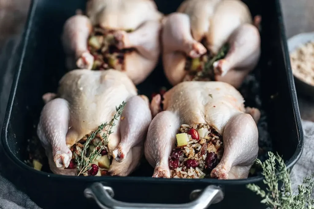 Uncooked Cornish Hens with Apple-Cranberry Rice Stuffing in a roasting pan, filled with apples, cranberries, rice, and herbs before baking.