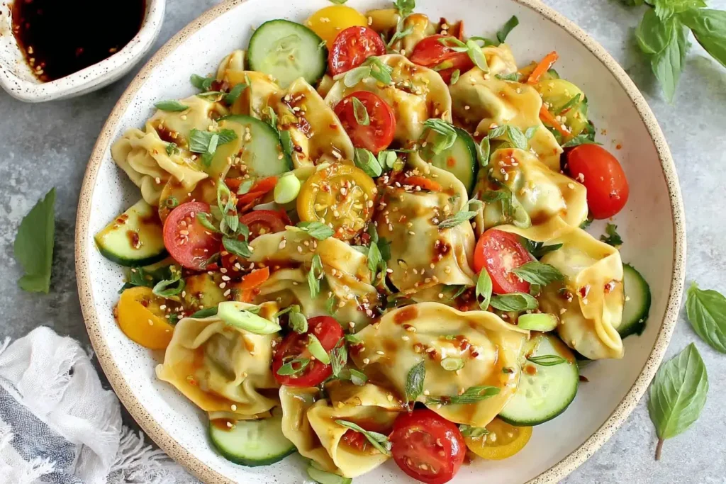 Potsticker Salad with dumplings, cucumbers, tomatoes, and scallions drizzled with sesame dressing in a ceramic bowl.