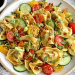 Potsticker Salad with dumplings, cucumbers, tomatoes, and scallions drizzled with sesame dressing in a ceramic bowl.