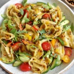 Potsticker Salad with fresh tomatoes, cucumbers, basil, and dumplings drizzled with a savory dressing in a large bowl.