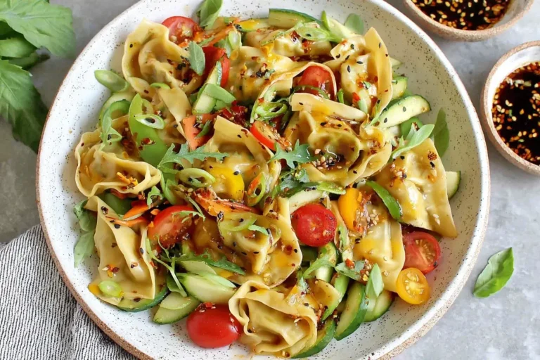 Potsticker Salad with fresh tomatoes, cucumbers, basil, and dumplings drizzled with a savory dressing in a large bowl.