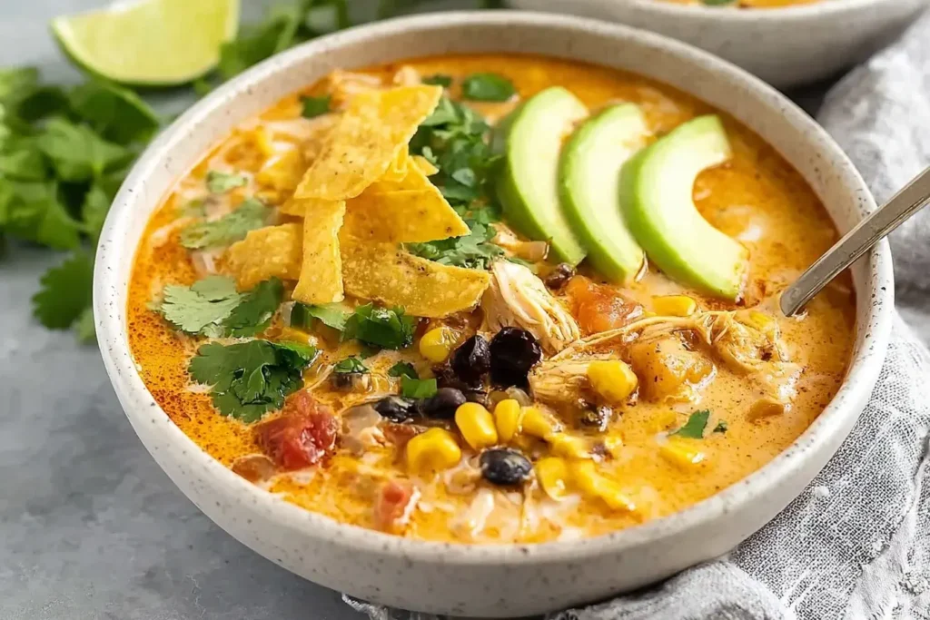 Creamy Chicken Tortilla Soup served in a bowl with avocado slices, tortilla strips, corn, black beans, tomatoes, and fresh cilantro.