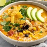 Creamy Chicken Tortilla Soup served in a bowl with avocado slices, tortilla strips, corn, black beans, tomatoes, and fresh cilantro.