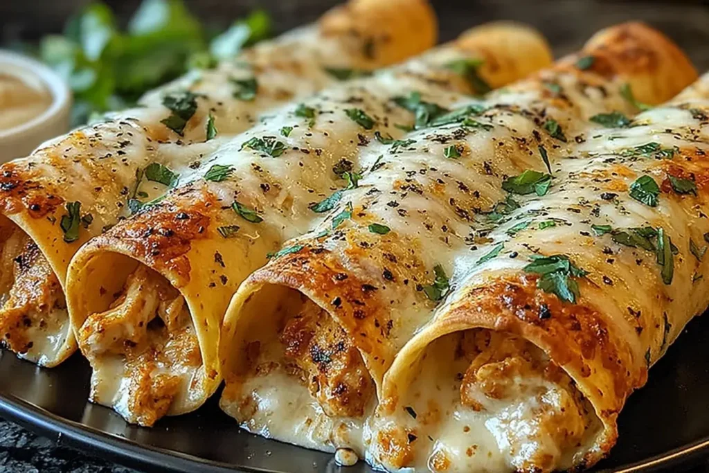 Crispy Chicken Taquitos covered in melted cheese and fresh herbs on a plate.