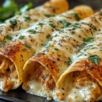 Crispy Chicken Taquitos covered in melted cheese and fresh herbs on a plate.