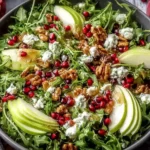 Christmas Salad with Honey Mustard Dressing featuring sliced green apples, pomegranate seeds, goat cheese, and candied nuts over fresh greens.