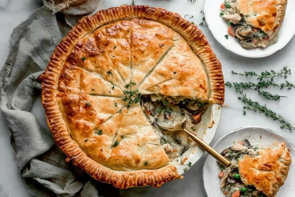 Golden, flaky Chicken Pot Pie with a creamy chicken and vegetable filling being served from a round pie dish.