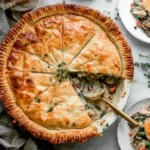 Golden, flaky Chicken Pot Pie with a creamy chicken and vegetable filling being served from a round pie dish.