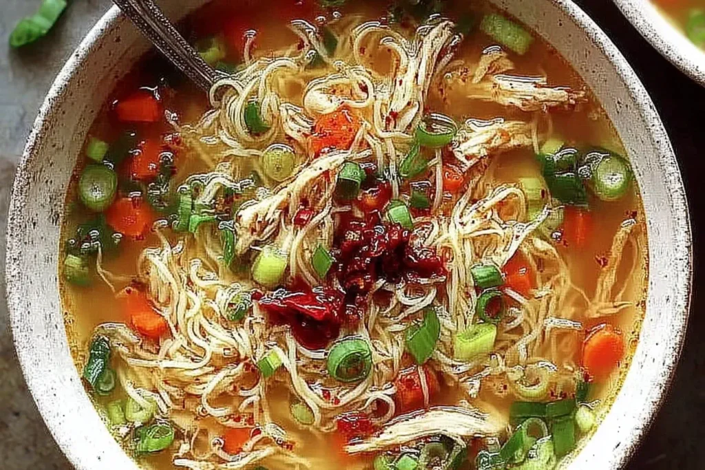 Bowl of Ginger Garlic Chicken Noodle Soup filled with shredded chicken, noodles, carrots, scallions, and chili oil on top.