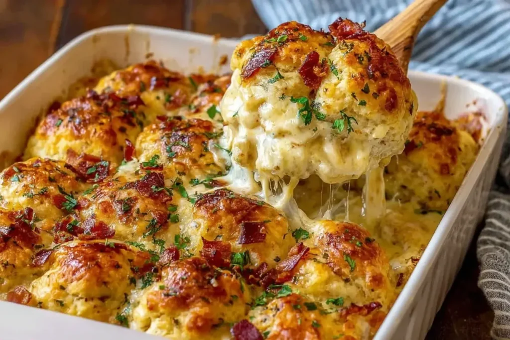 Cheesy, golden Chicken Bubble Biscuit Bake Casserole being scooped from a baking dish with gooey melted cheese and crispy biscuit topping.