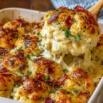 Cheesy, golden Chicken Bubble Biscuit Bake Casserole being scooped from a baking dish with gooey melted cheese and crispy biscuit topping.