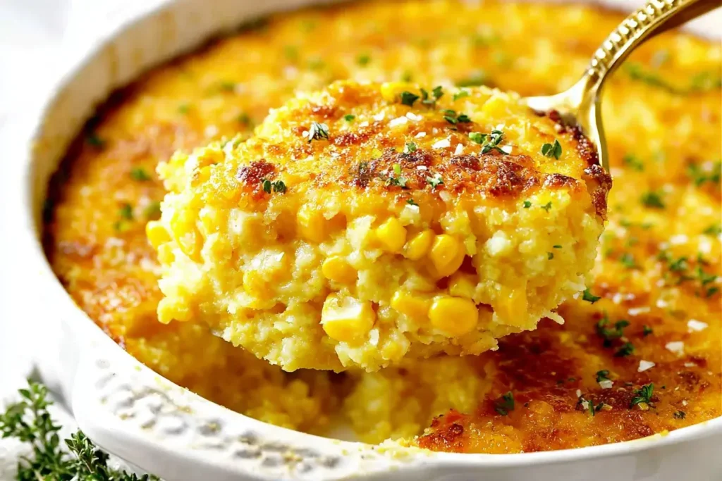 Spoonful of creamy Sweet Corn Pudding with golden crust and buttery corn kernels