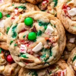 Festive Christmas Kitchen Sink Cookies topped with red and green candies, peppermint pieces, and white chocolate chunks.