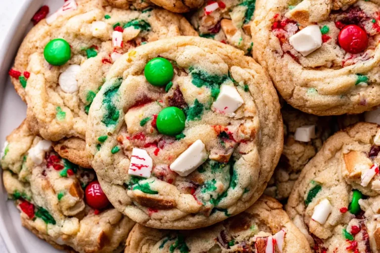 Festive Christmas Kitchen Sink Cookies topped with red and green candies, peppermint pieces, and white chocolate chunks.