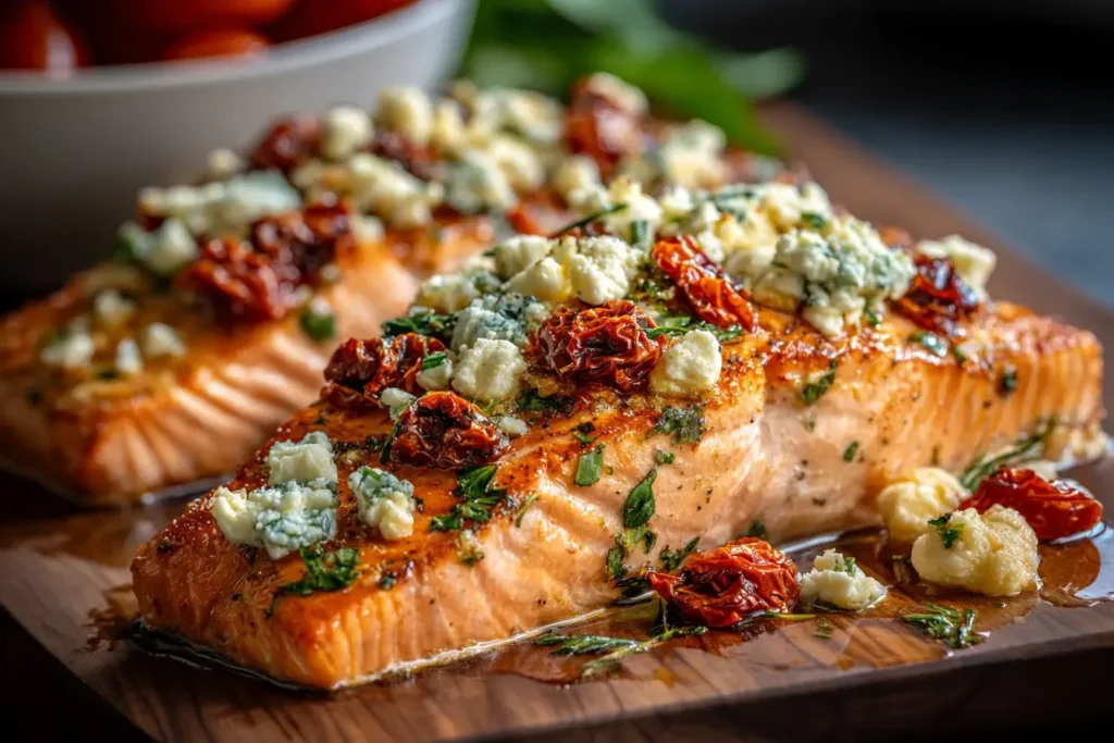 Mediterranean Baked Salmon topped with crumbled feta, sun-dried tomatoes, and fresh herbs on a wooden board, showcasing juicy salmon and vibrant Mediterranean colors.
