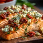 Mediterranean Baked Salmon topped with crumbled feta, sun-dried tomatoes, and fresh herbs on a wooden board, showcasing juicy salmon and vibrant Mediterranean colors.