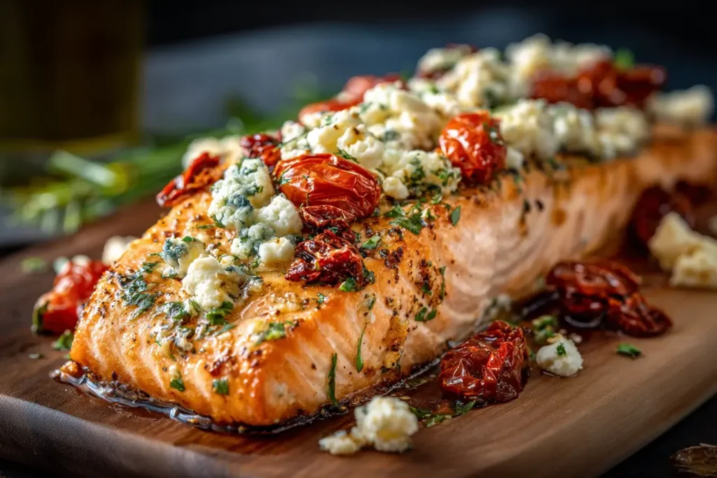 Mediterranean Baked Salmon topped with feta and sun-dried tomatoes on a wooden board, showcasing golden, flaky salmon and vibrant Mediterranean flavors.