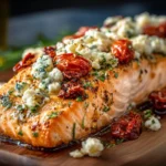 Mediterranean Baked Salmon topped with feta and sun-dried tomatoes on a wooden board, showcasing golden, flaky salmon and vibrant Mediterranean flavors.