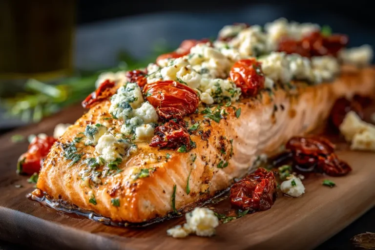 Mediterranean Baked Salmon topped with feta and sun-dried tomatoes on a wooden board, showcasing golden, flaky salmon and vibrant Mediterranean flavors.