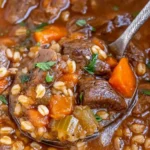 Close-up of rich Beef Barley Soup with tender beef, carrots, celery, and barley on a spoon.
