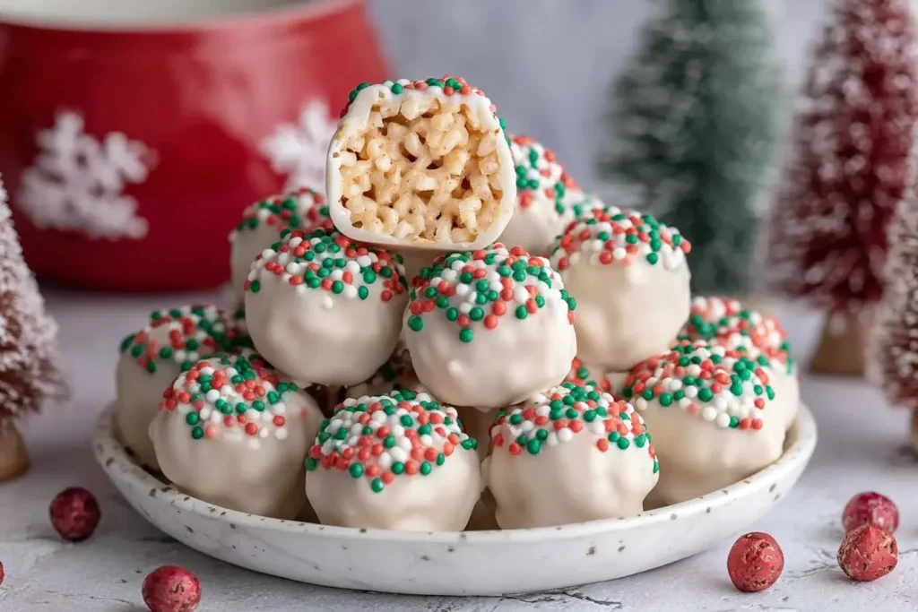 Plate of Christmas Rice Crispy Treats coated in white chocolate and topped with festive red, green, and white sprinkles, displayed with holiday décor.