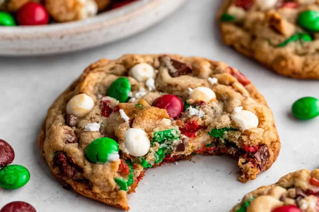 Close-up of Christmas Kitchen Sink Cookies with red and green candies, white chocolate chips, and a soft, chewy texture.