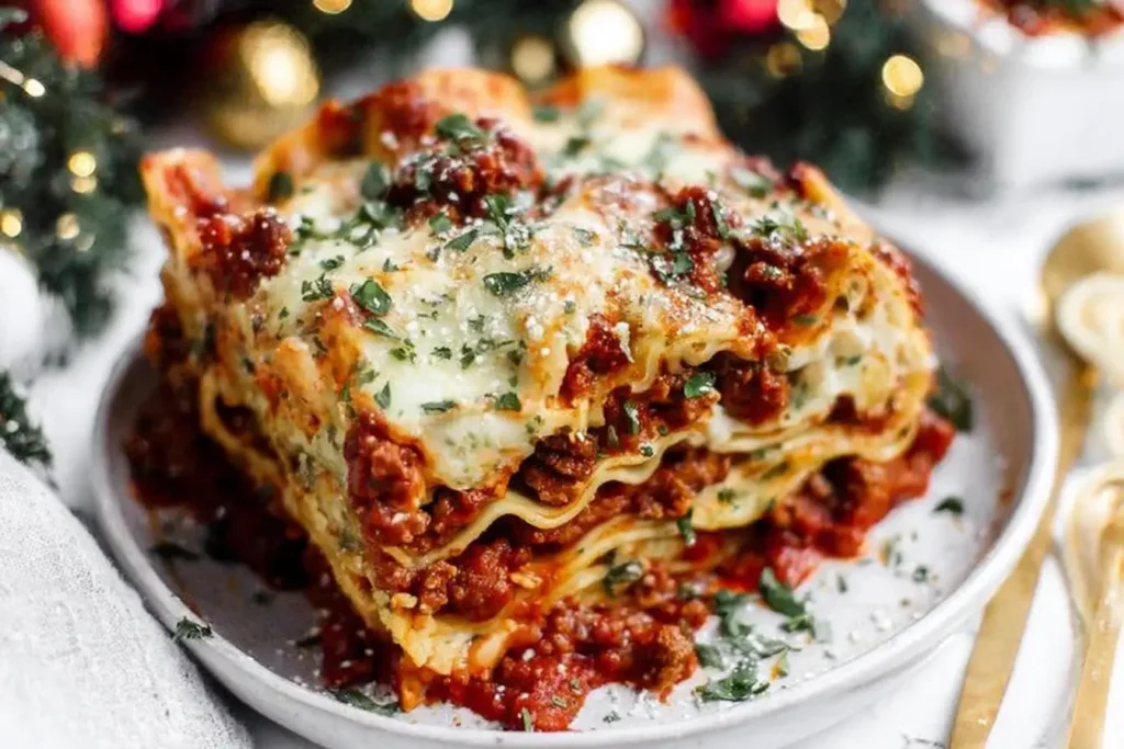 A festive slice of Christmas Eve Lasagna layered with rich meat sauce, melted cheese, and herbs, served on a plate beside golden utensils.