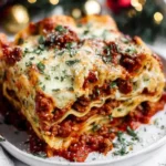 A festive slice of Christmas Eve Lasagna layered with rich meat sauce, melted cheese, and herbs, served on a plate beside golden utensils.
