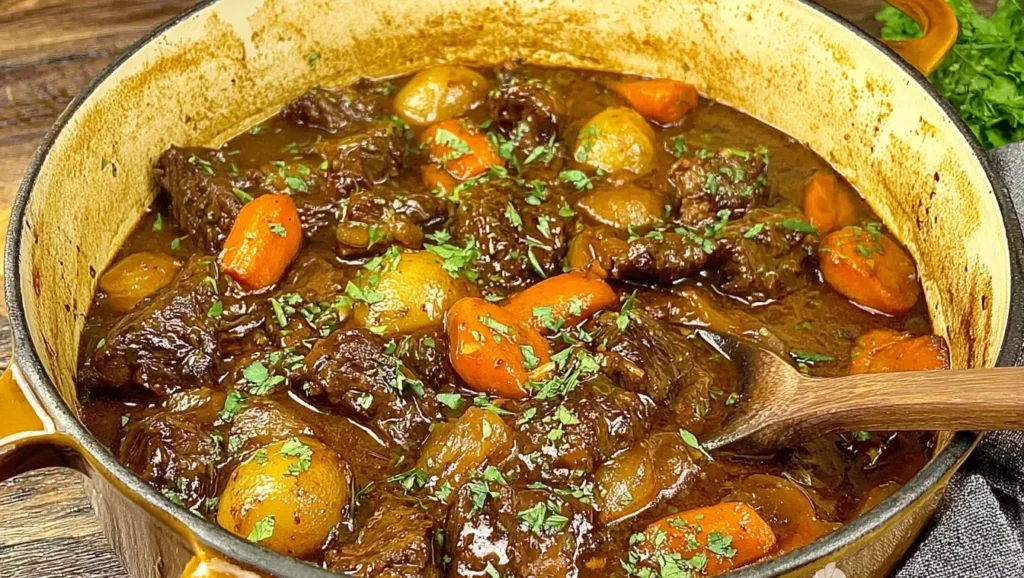Anthony Bourdain’s Beef Bourguignon simmering in a Dutch oven with tender beef, carrots, and herbs in a rich, glossy sauce.