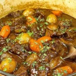 Anthony Bourdain’s Beef Bourguignon simmering in a Dutch oven with tender beef, carrots, and herbs in a rich, glossy sauce.