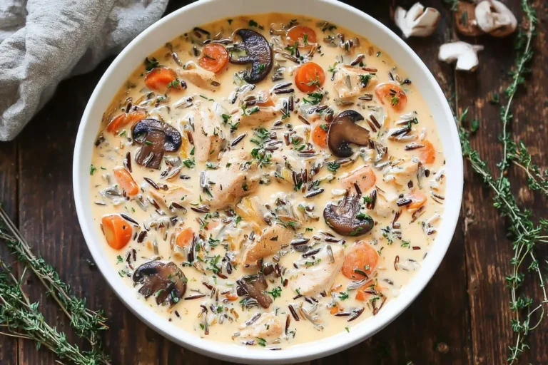 Creamy Mushroom Chicken and Wild Rice Soup in a bowl with mushrooms, carrots, and herbs