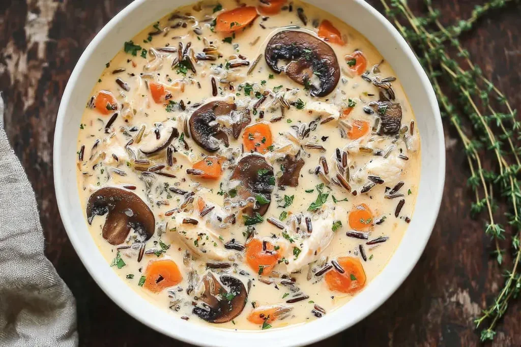 Creamy Mushroom Chicken and Wild Rice Soup with carrots, mushrooms, and herbs in a white bowl
