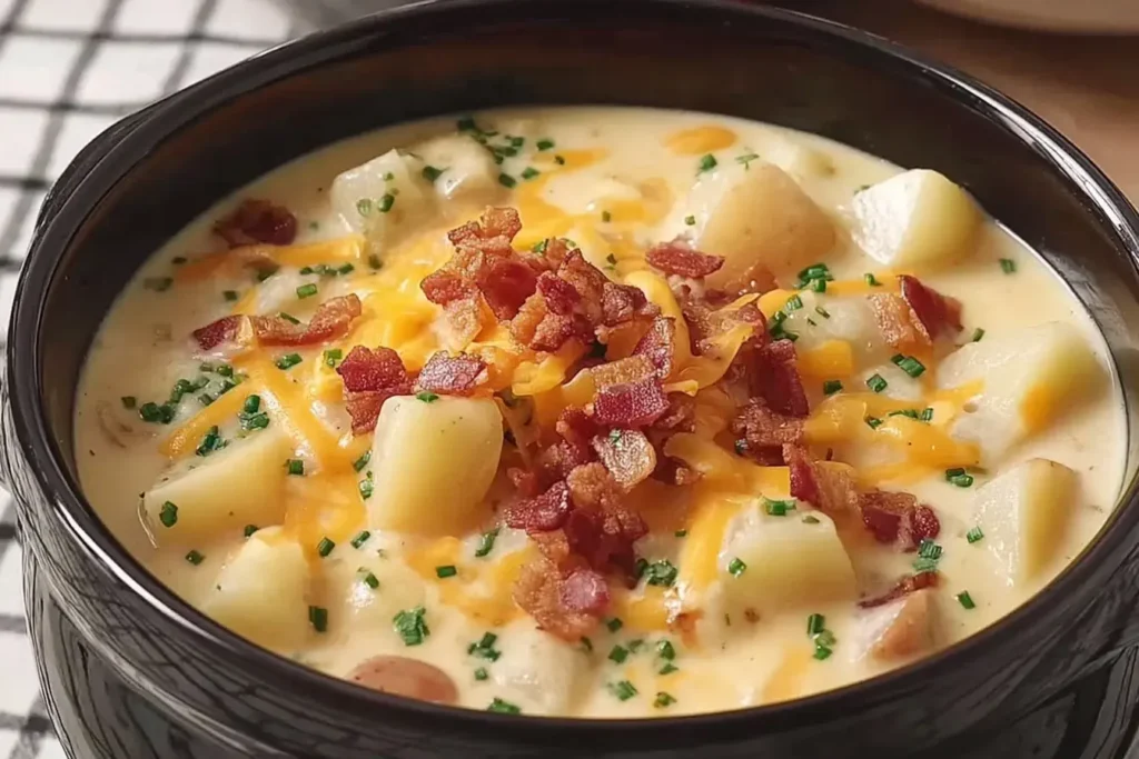 Creamy Crock Pot Crack Potato Soup topped with crispy bacon, melted cheddar cheese, and fresh chives in a dark bowl.