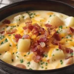 Creamy Crock Pot Crack Potato Soup topped with crispy bacon, melted cheddar cheese, and fresh chives in a dark bowl.