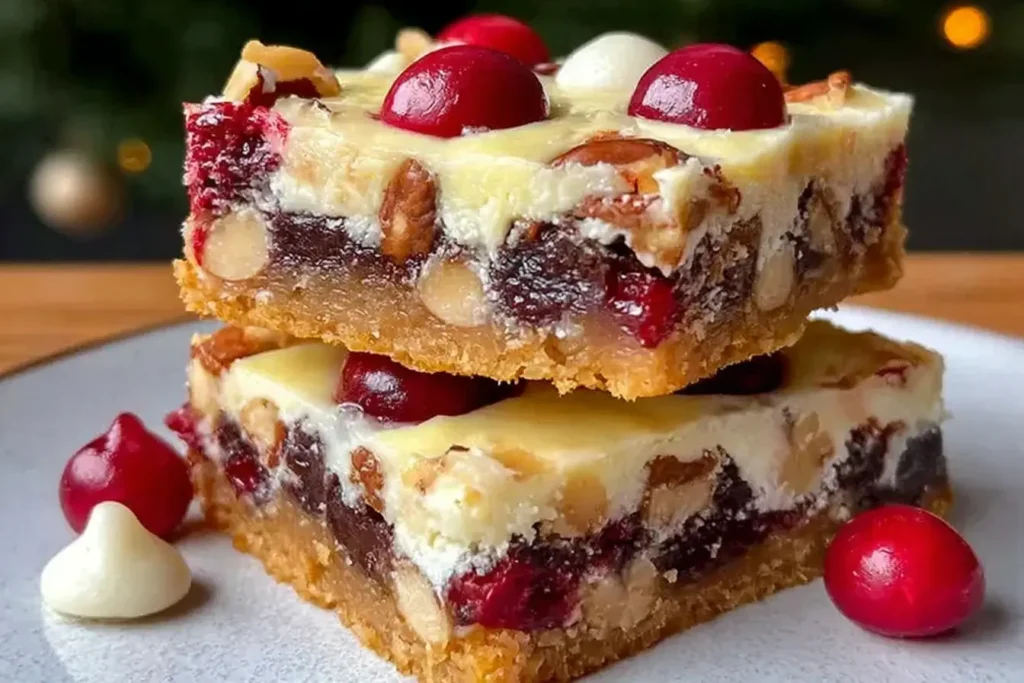 Close-up of creamy layered Christmas bars with cranberries, nuts, and chocolate on a plate for a festive holiday dessert