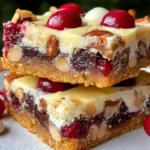 Close-up of creamy layered Christmas bars with cranberries, nuts, and chocolate on a plate for a festive holiday dessert
