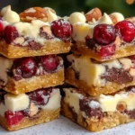 Creamy layered Christmas bars with cranberries, chocolate, and nuts stacked on a plate for a festive holiday treat