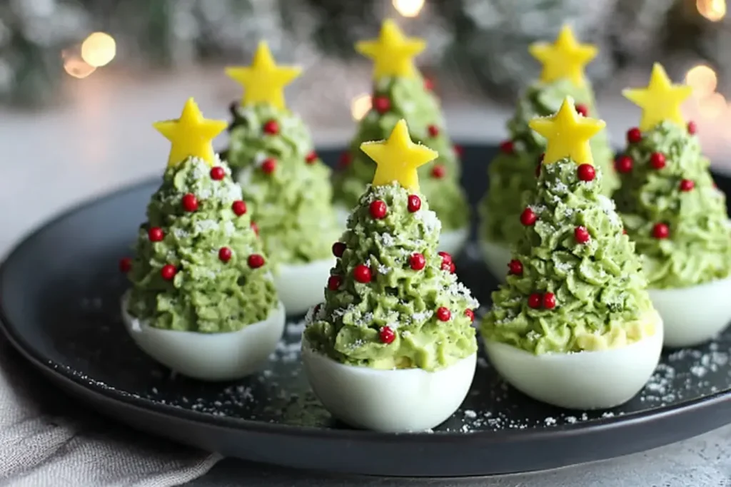 Festive Deviled Egg Christmas Trees decorated with green whipped filling, red pepper “ornaments,” and yellow bell pepper stars on a holiday platter.